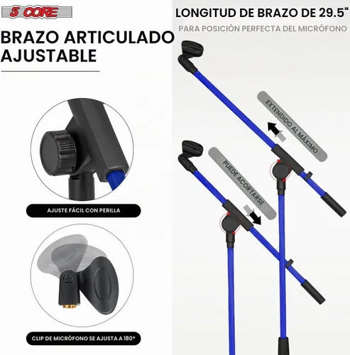 Vista 3 de 5 Core Soporte de micrófono para piso, trípode, brazo de brazo, altura ajustable, con clips de micrófono, adaptador de 3/8 a 5/8 pulgadas para Azul