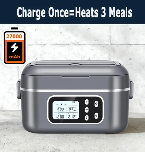 Vista 2 de Lonchera eléctrica inalámbrica de 27000 mAh, calentador de alimentos portátil recargable de 100 W para adultos, trabajo, viajes, automóvil, funciona