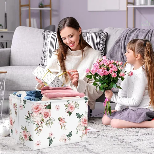 Vista 3 de Clastyle Cesta de regalo rectangular con diseño floral de rosa para bebé, toalla de almacenamiento al aire libre, juguete de piscina, manta