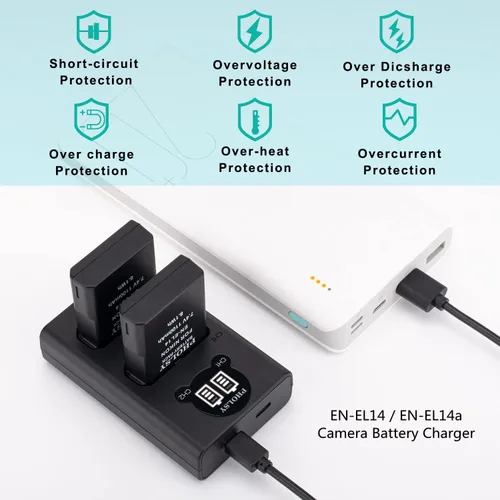 Vista 5 de PHOLSY EN-EL14 Cargador USB para cámaras Nikon (P7800, P7700, P7100, P7000, D5600, D5500, D5300, D5100, D3500, D3400, D3300)