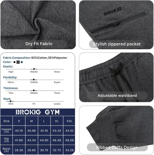 Vista 6 de BROKIG Men's Joggers Tapered Athletic Pants Double Zipper Pockets Slim Fit Workout Sweat Pants Casual Gym Running Bottom