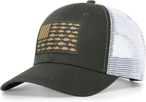 Vista 8 de Sombrero de camionero con bandera de pez estadounidense, regalos de pesca para hombres, sombrero de pesca Snapback perfecto para pesca y uso diario