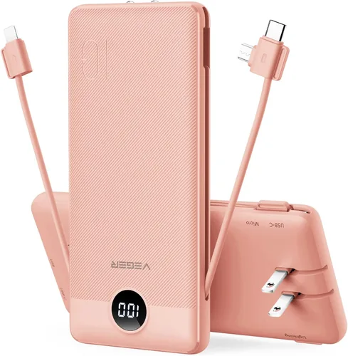 Vista 12 de VEGER Cargador portátil para iPhone con cables integrados y enchufe de pared, batería externa de carga rápida de 10,000 mAh delgada con USB C