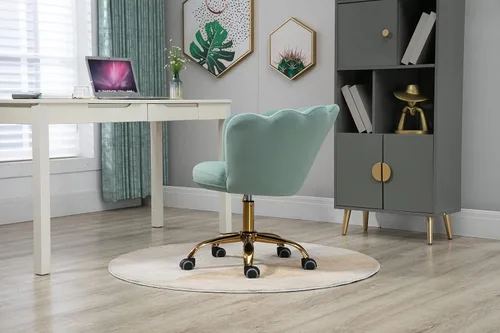 Vista 6 de Silla cómoda de oficina en casa con ruedas, linda silla de escritorio ajustable de terciopelo con respaldo de concha marina moderna giratoria