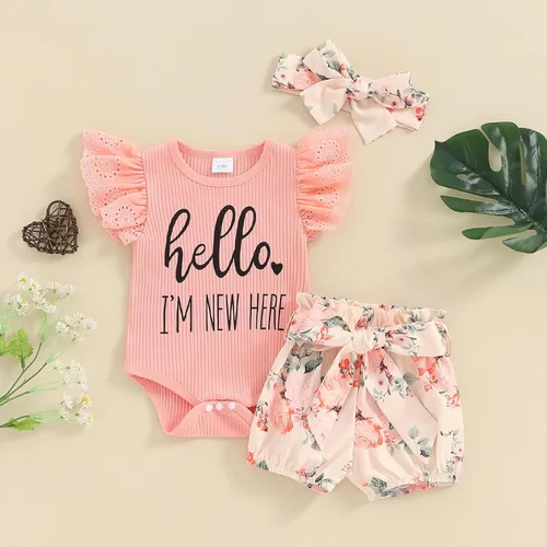 Vista 3 de Ropa de verano para bebé niña, traje de recién nacido, mameluco acanalado, mameluco floral, pantalones cortos con diadema para recién nacida