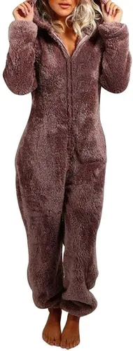 Vista 10 de Pijama de forro polar para mujer, mameluco cálido de sherpa, ropa de dormir de una pieza con cremallera y capucha