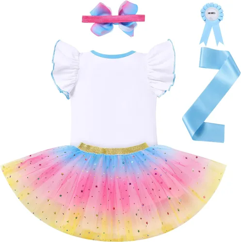 Vista 2 de IDOPIP Conjunto de 5 piezas de ropa para bebé con diseño de arco iris para 1er 2 3 cumpleaños para niña