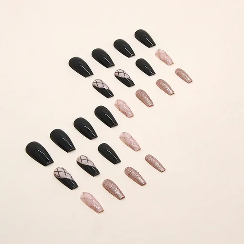 Vista 3 de Uñas postizas cuadradas negras de longitud media con diseños de líneas negras y doradas, cobertura completa, reutilizables, juego de uñas postizas