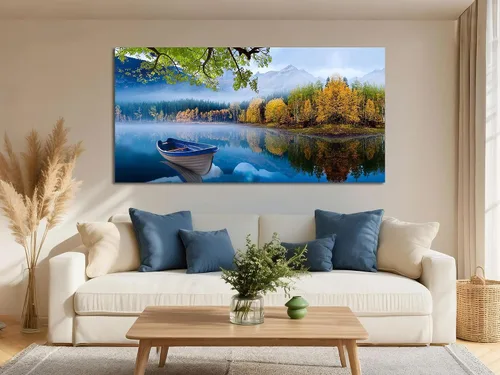 Vista 6 de Arjun Lienzo decorativo para pared, diseño de lago y montaña, cielo, naturaleza, paisaje, barco, ilustración, pintura escénica moderna, enmarcada