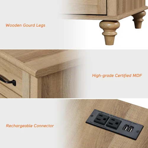 Vista 6 de WAMPAT Mesa auxiliar de granja con estación de carga, mesa auxiliar de madera con tomas de corriente y puertos USB, mesita de noche de ratán