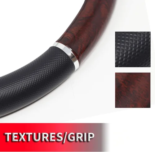 Vista 4 de Custom Accessories 35710P funda para volante con diseño en madera y acabado cromado, color negro
