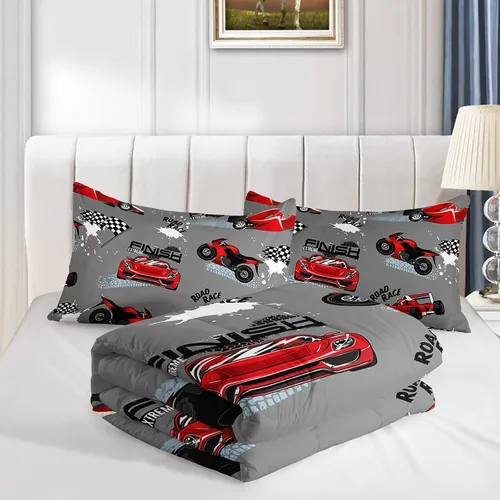 Vista 5 de Juego de edredón para niños Axolotl, tamaño individual, juego de ropa de cama con diseño de autos de carreras para niños, niñas, adolescentes