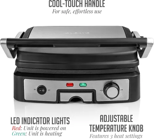 Vista 4 de OVENTE Sandwichera eléctrica Panini Press, parrilla interior de 1500 W con placas revestidas antiadherentes, control de temperatura y bandeja