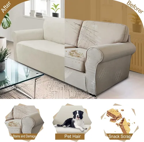 Vista 5 de U-NICE HOME Fundas de terciopelo para sofá, fundas elásticas para sofá de 3 cojines, protector de muebles (XL, grande, beige)