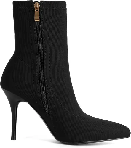 Vista 4 de vivianly Botines elásticos con punta puntiaguda, botas de tobillo a media pantorrilla, botas de tacón de aguja para mujer negro (Black-Stretch)