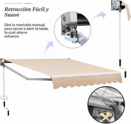 Vista 4 de Giantex Toldo retráctil para patio – Refugio solar de 8 x 6.6 pies con manivela manual fácil, estructura metálica de alta resistencia, toldo Beige