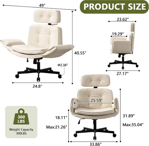 Vista 2 de Criss Cross Chair with Adjustable Armrests & Wheels & Headrest, Lounge Vanity Desk Chair with Wide Seat for Cross-Legged Sitting, Swivel Task Office