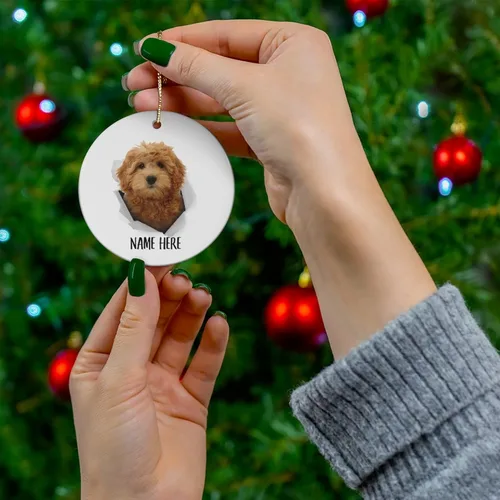 Vista 4 de Goldendoodle - Adornos para árbol de Navidad con nombre, color rojo y dorado