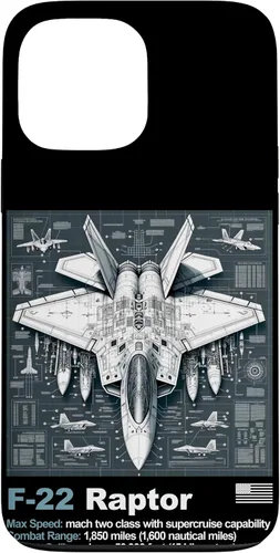 Vista 24 de F22 Raptor Fighter Jet Blueprint - Funda para iPhone 16, diseño técnico y especificaciones