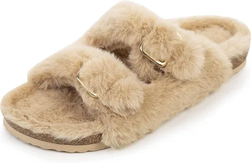 Vista 3 de FITORY Womens Open Toe Slipper with Cozy LiningFaux Rabbit Fur Cork Slide Sandals Size 6-11