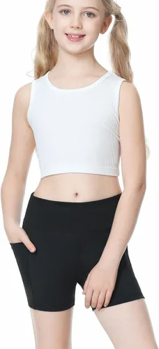 Vista 4 de B&GCozy Paquete de 3 pantalones cortos de voleibol para niñas con bolsillos, pantalones cortos de compresión atléticos para gimnasia, yoga, danza