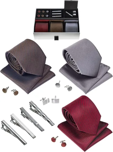 Vista 10 de Juego de corbata de regalo para hombre, corbata sedosa, bolsillo cuadrado, clips de corbata, gemelos para hombres