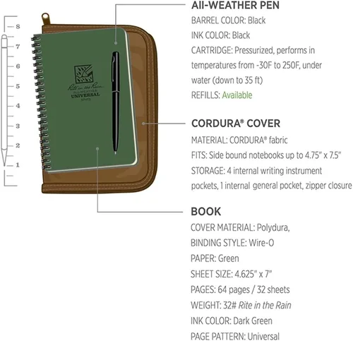Vista 6 de Rite in the Rain Kit de cuaderno espiral lateral resistente a la intemperie: Funda de tela CORDURA® color canela, 4.625" x 7" Cuaderno verde