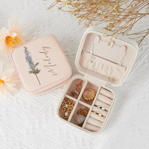 Vista 4 de Joyero de viaje para mujer, joyero de flores de nacimiento, organizador personalizado de flores de nacimiento, pequeño joyero de viaje para viajar