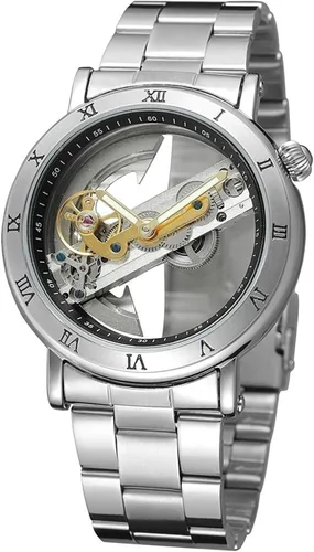 Vista 9 de Reloj mecánico automático para hombre, reloj de pulsera de acero inoxidable esqueleto de cuerda automática,Relojes de diseño de esfera transparente