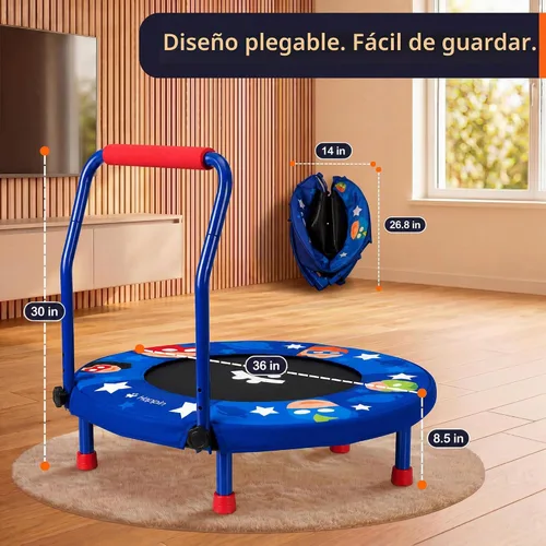 Vista 7 de Happin 36" Toddler Trampoline for Kids with Handlebar, Foldable Indoor Mini Azul y rojo