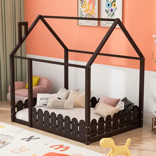 Vista 11 de Cama juguetona en forma de casa de tamaño matrimonial con estantes y luces, marco de cama de metal con techo para niños, adolescentes y adultos, un
