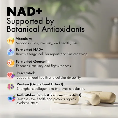 Vista 2 de Suplemento fermentado de NAD+ con resveratrol y quercetina, energía celular bio-idéntica y apoyo al envejecimiento saludable, vegano, sin OMG, 30