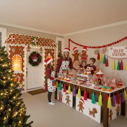 Vista 2 de Puerta de Pan de Jengibre de Navidad con Luces, Decoraciones de Cubierta de Cartón, Letrero de Pancarta de Porche de Dulces de Casa de Pan