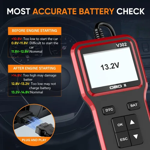 Vista 6 de Escáner OBD2 con probador de batería, lector de código de vehículo para comprobar la luz del motor, Plug and Play, herramienta de diagnóstico