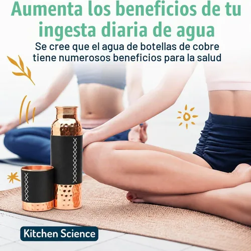 Vista 6 de Kitchen Science - Botella de agua de cobre con vaso y fundas de cuero negro, 34 onzas, a prueba de fugas, probada en laboratorio
