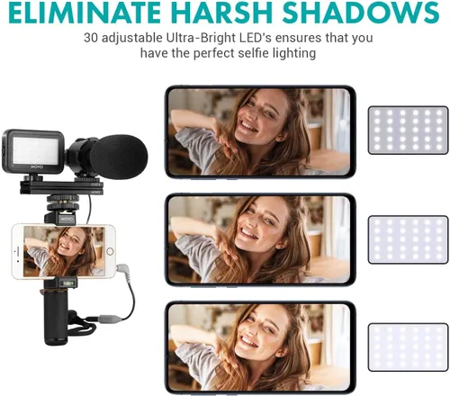 Vista 5 de Movo Vlog Kit V7 - Kit de inicio de YouTube con agarre, micrófono estéreo, luz e inalámbrico Kit de vlogging remoto para iPhone, Android - Kit