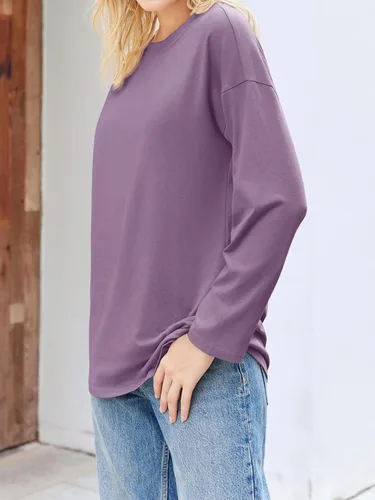 Vista 39 de Fisoew Camisetas de manga larga para mujer, holgadas, casuales, con cuello redondo, blusa suave