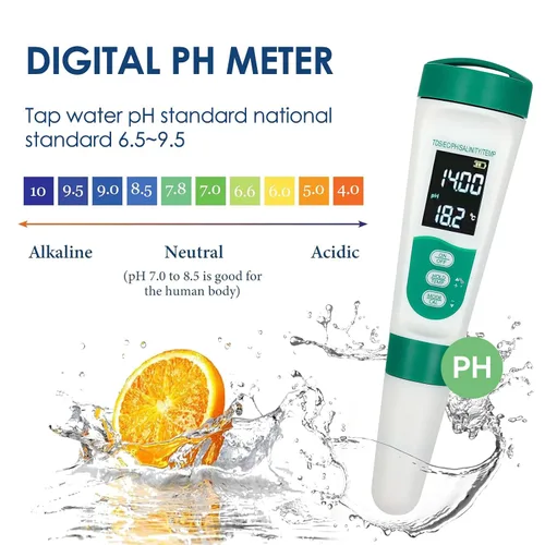 Vista 4 de Medidor digital de pH 5 en 1, probador de calidad de agua altamente preciso con pantalla de retroiluminación, medidor