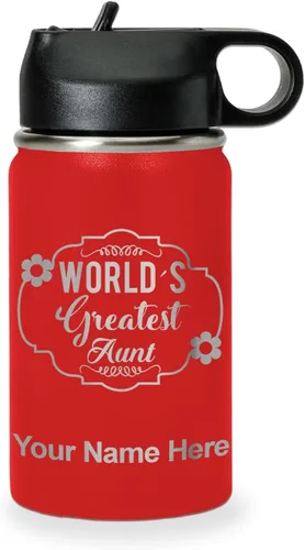 Vista 12 de LaserGram Botella de agua con tapa abatible de doble pared de 12 onzas con pajilla, la tía más grande del mundo, grabado personalizado incluido Negro