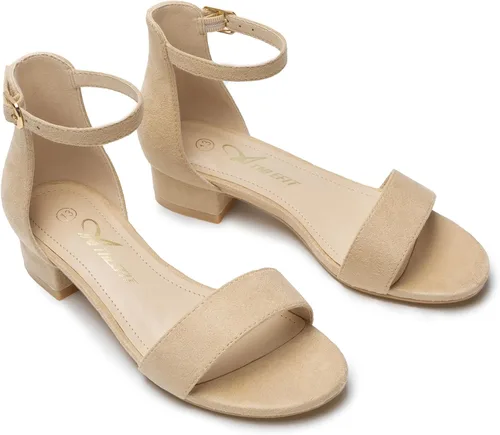 Vista 39 de Athlefit Sandalias para niñas, puntera abierta, correa en el tobillo, tacones bajos, zapatos de vestir para niñas pequeñas y grandes