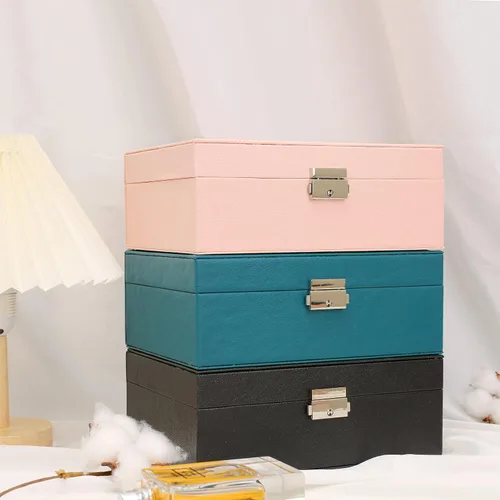 Vista 7 de Joyero organizador para mujeres y niñas joyero de doble capa con cerradura y llave almacenamiento de joyas de piel sintética con bandeja extraíble
