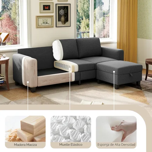 Vista 3 de Sofá modular en forma de L de 78 pulgadas, color gris oscuro con otomana de almacenamiento