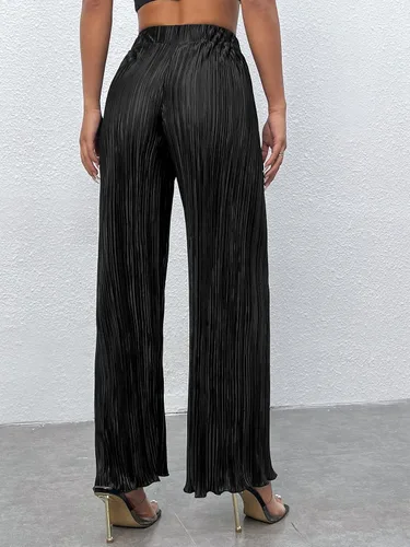 Vista 2 de Floerns Pantalones largos con cintura elástica plisada y pierna ancha para mujer