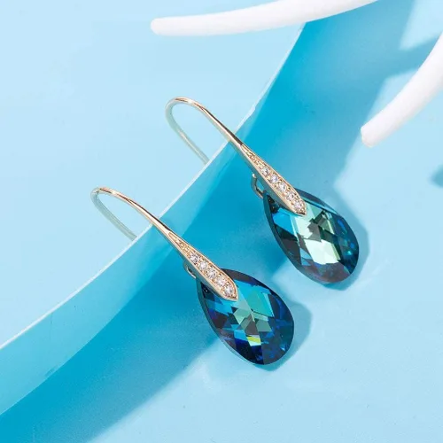 Vista 5 de Aretes colgantes en forma de lágrima de cristal austriaco para mujer, aretes con gancho chapados en oro rosa de 14 quilates, joyería hipoalergénica