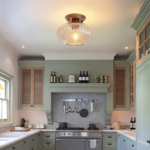 Vista 7 de Lámpara de techo semiempotrada, luces de techo vintage negras para cocina, vidrio a rayas ámbar cerca del techo para sala de estar, pasillo