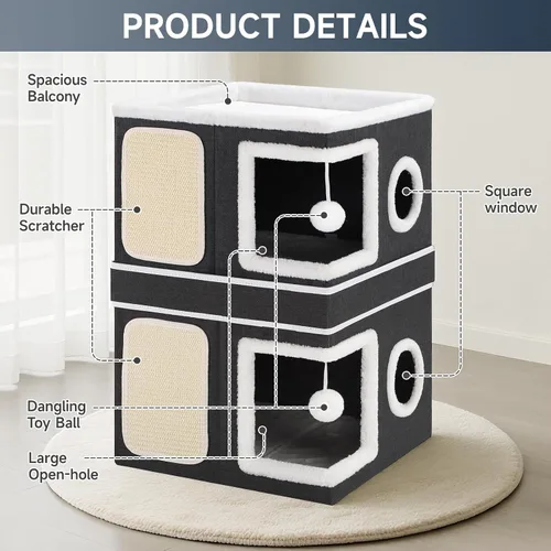 Vista 4 de Casa de Gato de 2 Pisos para Gatos de Interior, Separable en 2 Grandes Camas de Gato Cueva con Condominios Escondidos, Almohadillas para Rascar