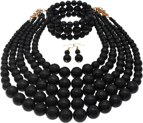 Vista 3 de JNF Collares grandes de perlas de imitación para mujer, collar de perlas de múltiples hebras, pulsera y aretes, collar de perlas para disfraz Negro