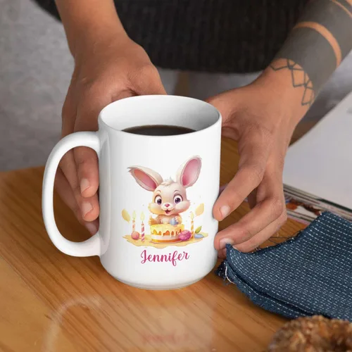 Vista 3 de Taza de viaje de cerámica personalizada de conejo, taza con nombre personalizado para los amantes de los conejos, taza de té con nombre temático