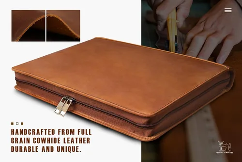 Vista 6 de Carpeta de piel auténtica para negocios, cartera de 3 anillas, carpeta de negocios con cremallera para hombres y mujeres, color marrón, Marrón