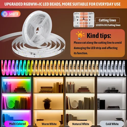 Vista 4 de Tira de luces LED RGBWW+IC de 50 pies, regulable, multicolor, 3000K-6500K luces LED con control remoto, cinta de luces RGB autoadhesivas que cambian